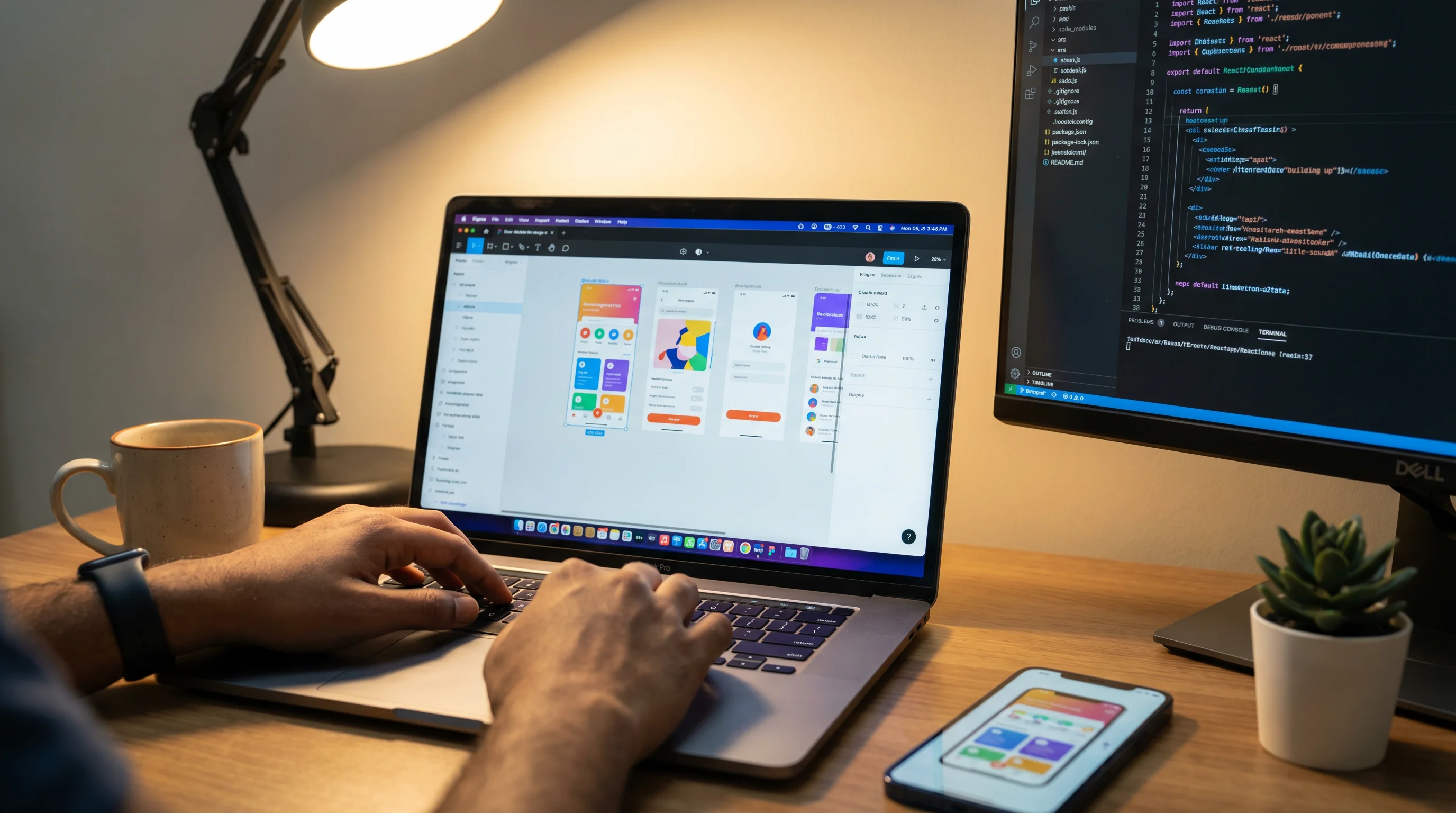Dev Anna 360 development team working on mobile app interfaces and code